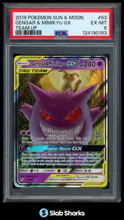 2019 POKEMON SUN & MOON TEAM UP #53/181 GENGAR & MIMIKYU GX HOLO RARE PSA 6 - Image 1
