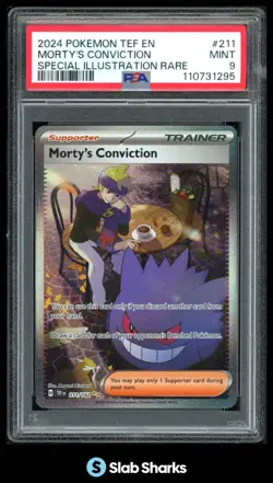 2024 POKEMON TEF EN #211/162 MORTY'S CONVICTION SPECIAL ILLUSTRATION RARE PSA 9 - Image 1