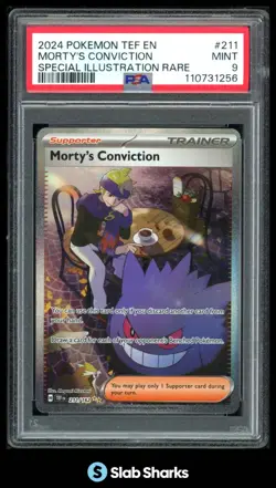 2024 POKEMON TEF EN #211/162 MORTY'S CONVICTION SPECIAL ILLUSTRATION RARE PSA 9 - Image 1