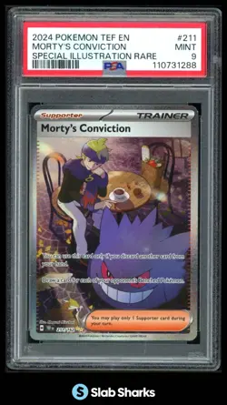 2024 POKEMON TEF EN #211/162 MORTY'S CONVICTION SPECIAL ILLUSTRATION RARE PSA 9 - Image 1
