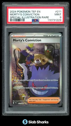 2024 POKEMON TEF EN #211/162 MORTY'S CONVICTION SPECIAL ILLUSTRATION RARE PSA 9 - Image 1