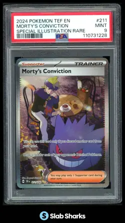 2024 POKEMON TEF EN #211/162 MORTY'S CONVICTION SPECIAL ILLUSTRATION RARE PSA 9 - Image 1