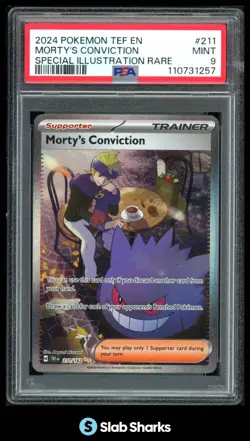 2024 POKEMON TEF EN #211/162 MORTY'S CONVICTION SPECIAL ILLUSTRATION RARE PSA 9 - Image 1