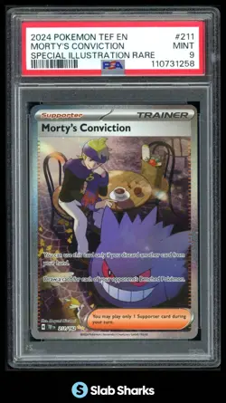 2024 POKEMON TEF EN #211/162 MORTY'S CONVICTION SPECIAL ILLUSTRATION RARE PSA 9 - Image 1
