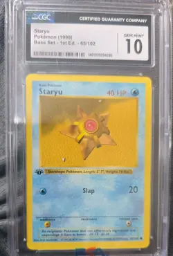 CGC 10 GEM MINT Staryu 1999 Base Set 1st Edition Shadowless 65/102 Pokemon Card! - Image 1