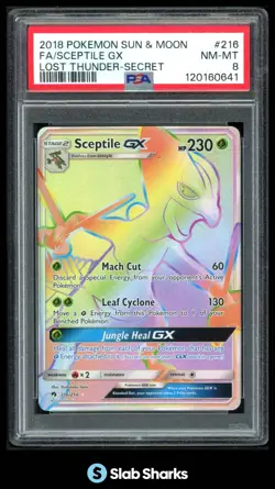 2018 POKEMON SM LOST THUNDER #216/214 SCEPTILE GX FULL ART SECRET RARE PSA 8 - Image 1