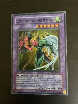 Yugioh Elemental Hero Flame Wingman DP1-EN010 Super Rare 1st Edition - Image 1