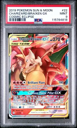 2019 Pokemon Sun and Moon Cosmic Eclipse Charizard Braixen Tag Team GX PSA 9 #22 - Image 1