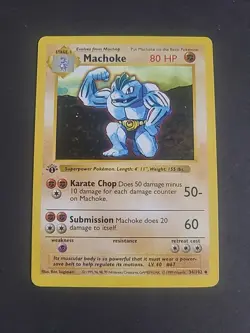 1999 Pokemon Base 1st Edition Shadowless #34 Machoke (LP) - Image 1