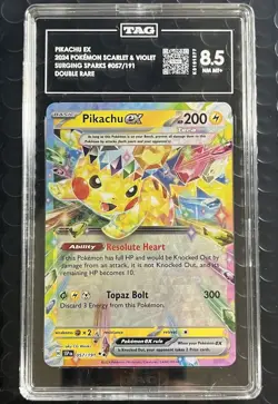 TAG 8.5 NM MT+ 2024 POKEMON S&V PIKACHU EX SURGING SPARKS #57/191 DOUBLE RARE ? - Image 1