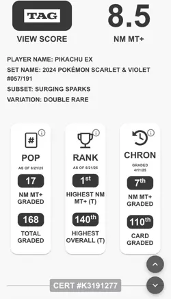 TAG 8.5 NM MT+ 2024 POKEMON S&V PIKACHU EX SURGING SPARKS #57/191 DOUBLE RARE ? - Image 3