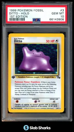 1999 POKEMON FOSSIL 1ST EDITION #3/62 DITTO HOLO PSA 10 - Image 1
