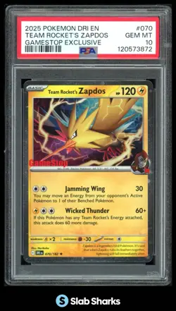 2025 POKEMON DRI DESTINED RIVALS #070/182 TEAM ROCKET'S ZAPDOS GAMESTOP PSA 10 - Image 1