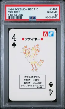 1996 POKEMON RED VERSION PLAYING CARDS 4 OF CLUBS #146A MOLTRES PSA 10 - Image 1
