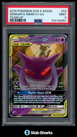2019 POKEMON SUN & MOON TEAM UP #53/181 GENGAR MIMIKYU GX TAG TEAM HOLO PSA 9 - Image 1