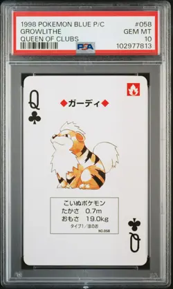1998 POKEMON BLUE VERSION PLAYING CARDS QUEEN OF CLUBS #058 GROWLITHE PSA 10 - Image 1