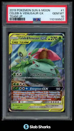 2019 POKEMON SUN & MOON TEAM UP #1/181 CELEBI & VENUSAUR GX TAG TEAM PSA 10 - Image 1