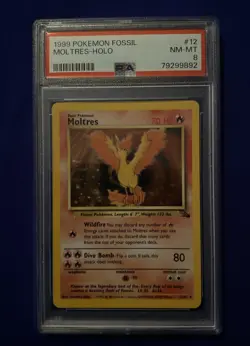 1999 POKEMON MOLTRES 1ST EDITION HOLO RARE 12/62 BASE SET FOSSIL PSA 8 - Image 1