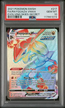 2021 POKEMON EVOLVING SKIES #217/203 RAYQUAZA VMAX FULL ART SECRET RARE PSA 10 - Image 1