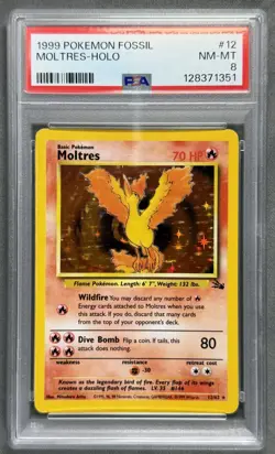 1999 Pokemon Fossil #12 MOLTRES HOLO 12/62 Base Set Series RARE Card PSA 8 - Image 1