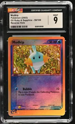 CGC 9 MINT Mudkip 2003 EX Ruby & Sapphire 59/109 Reverse Holo Pokemon Card - Image 1