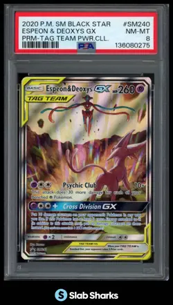 2020 POKEMON SM BLACK STAR PROMOS #SM240 ESPEON & DEOXYS GX TAG TEAM PSA 8 - Image 1