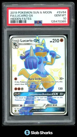 2019 POKEMON SUN & MOON HIDDEN FATES #SV64/SV94 LUCARIO GX FULL ART PSA 10 - Image 1