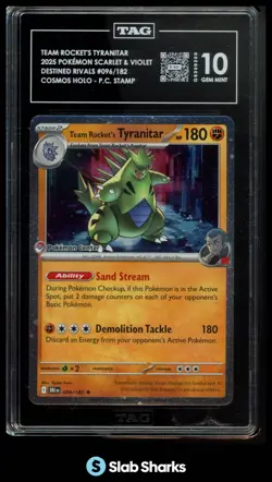 2025 POKEMON S&V DESTINED RIVALS #096/182 TEAM ROCKET'S TYRANITAR HOLO PC TAG 10 - Image 1