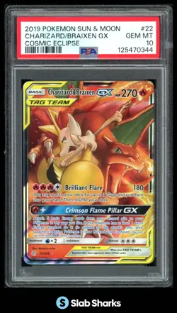 2019 POKEMON SM COSMIC ECLIPSE #22/236 CHARIZARD & BRAIXEN GX TAG TEAM PSA 10 - Image 1
