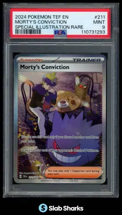 2024 POKEMON SV TEMPORAL FORCES - TEF EN #211/162 MORTY'S CONVICTION SIR PSA 9 - Image 1