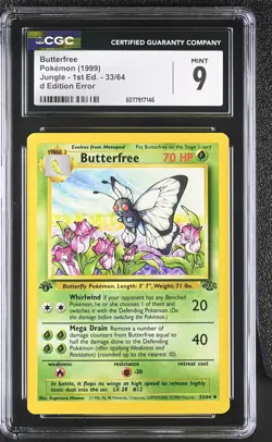 CGC 9 MINT Butterfree 1999 Jungle 1st Edition 33/64 d Edition Error Pokemon Card - Image 1