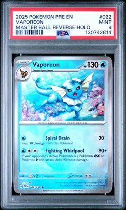 2025 POKEMON PRE EN-PRISMATIC EVOLUTIONS MASTER BALL REVERSE HOLO VAPOREON PSA 9 - Image 1