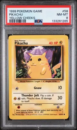 1999 POKEMON BASE SET UNLIMITED PIKACHU #58 YELLOW CHEEKS PSA 8 - Image 1