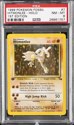 1999 POKEMON FOSSIL 1ST ED #7 HITMONLEE-HOLO PSA 8 - Image 1
