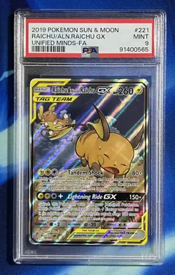 PSA 9 RAICHU & ALOLAN RAICHU GX 221 POKEMON SUN & MOON UNIFIED MINDS FULL ART NM - Image 1