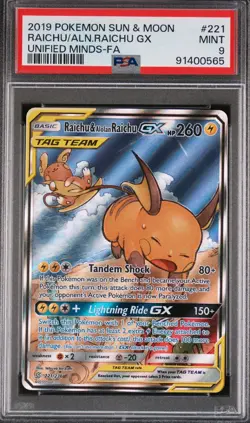 PSA 9 RAICHU & ALOLAN RAICHU GX 221 POKEMON SUN & MOON UNIFIED MINDS FULL ART NM - Image 3