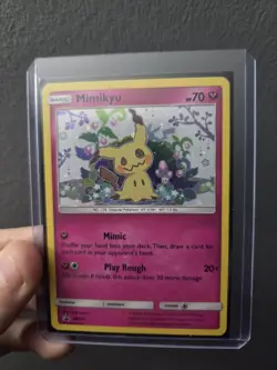 Rare Mimikyu Promo SM163 Team Up Blister Pokemon Card Sun & Moon Holo SWIRL - Image 1