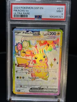 2024 POKEMON SSP EN-SURGING SPARKS ULTRA RARE #219 PIKACHU EX PSA 9 Free Ship - Image 1