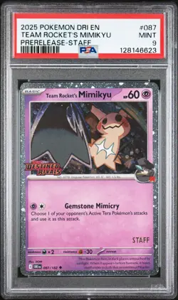 2025 POKEMON DRI EN DESTINED RIVALS PRERELEASE-STAFF TEAM ROCKET'S MIMIKYU PSA 9 - Image 1
