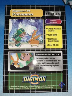 Patamon Holo Digimon Digital Monsters Card 1999 TCG prism 17 Of 34 Prism - Image 2