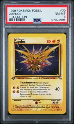 1999 POKEMON FOSSIL 1ST EDITION #30 ZAPDOS PSA 8 - Image 1