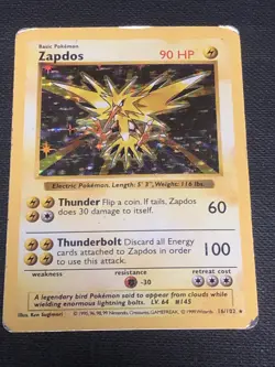 Pokemon Card Unlimited Edition Holo Rare Base Set 1999 Zapdos 16/102 PL!! - Image 1