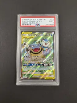 2019 POKEMON SUN & MOON COSMIC ECLIPSE #215 FULL ART/BLASTOISE & PIPLUP GX PSA 9 - Image 1