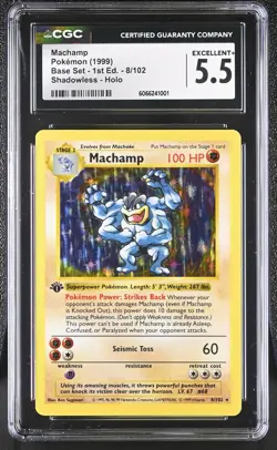 CGC 5.5 Machamp 1999 Base Set 1st Edition 8/102 Shadowless Holo Pokemon Card - Image 1