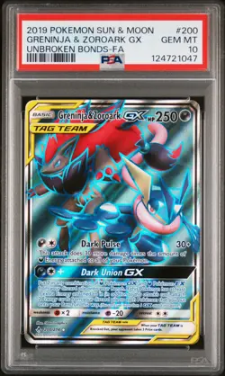 2019 POKEMON SUN & MOON UNBROKEN BONDS FULL ART/GRENINJA & ZOROARK GX PSA 10 - Image 1