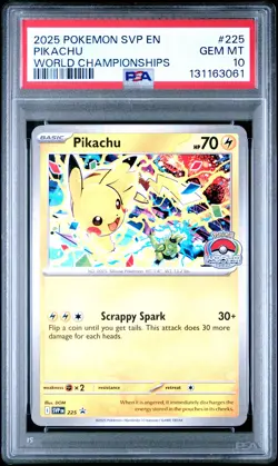 2025 POKEMON SVP EN-SV BLACK STAR PROMO WORLD CHAMPIONSHIPS #225 PIKACHU PSA 10 - Image 1