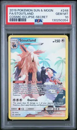 2019 POKEMON SUN & MOON COSMIC ECLIPSE #248 STOUTLAND PSA 10 SECRET FULL ART - Image 1