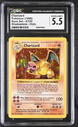 CGC 5.5 Charizard 1999 Base Set 4/102 Shadowless Holo Pokemon Card - Image 1