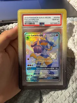 Lucario GX SV64/SV94 Hidden Fates Full Art Rare PSA 10 Gem Mint Pokemon Card - Image 1
