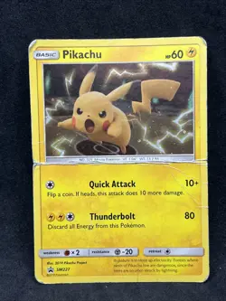 Pokemon Pikachu SM227 Sun and Moon Promo Card 2019 Very Poor Condition Creased - Image 1